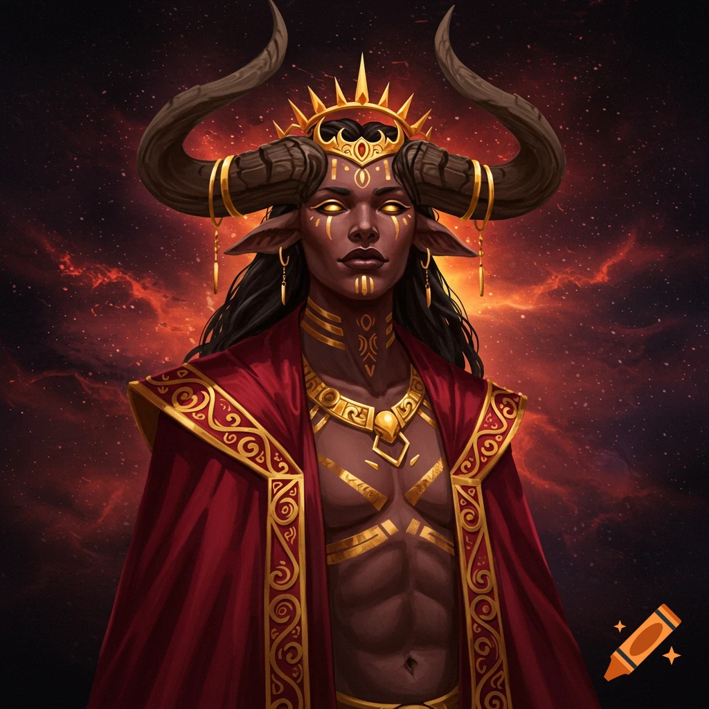 Fantasy portrait of a regal figure with horns, glowing eyes, and elaborate gold attire against a cosmic background.