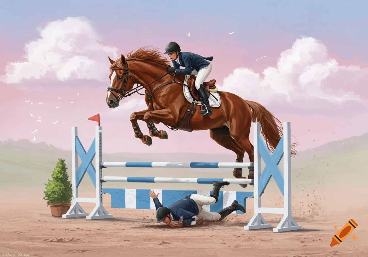Illustration of a horse jumping over a bar while its rider falls to the ground.