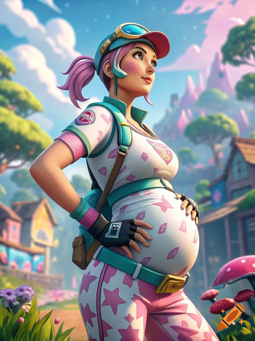 A stylized image of a pregnant Fortnite character standing in a fantasy setting, looking upwards.