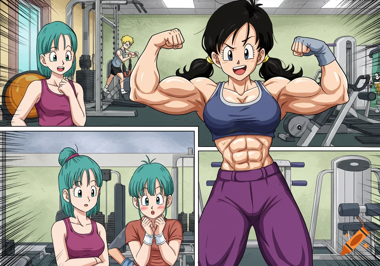 Anime style illustration of Videl flexing muscles at a gym while Bulma and another woman watch.