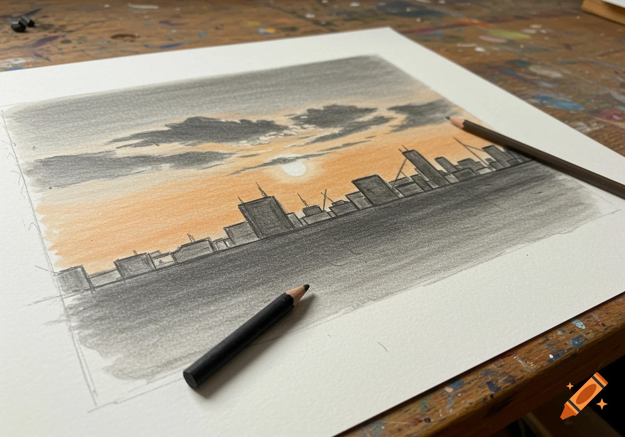 Pencil drawing of a city skyline at sunset on paper with pencils nearby.
