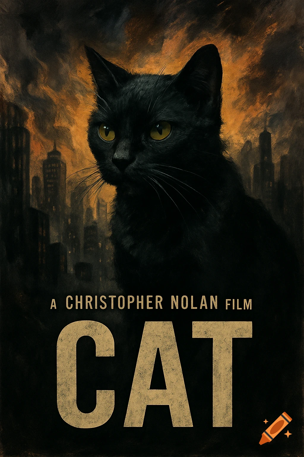 Dramatic film poster featuring a black cat in front of a city skyline.