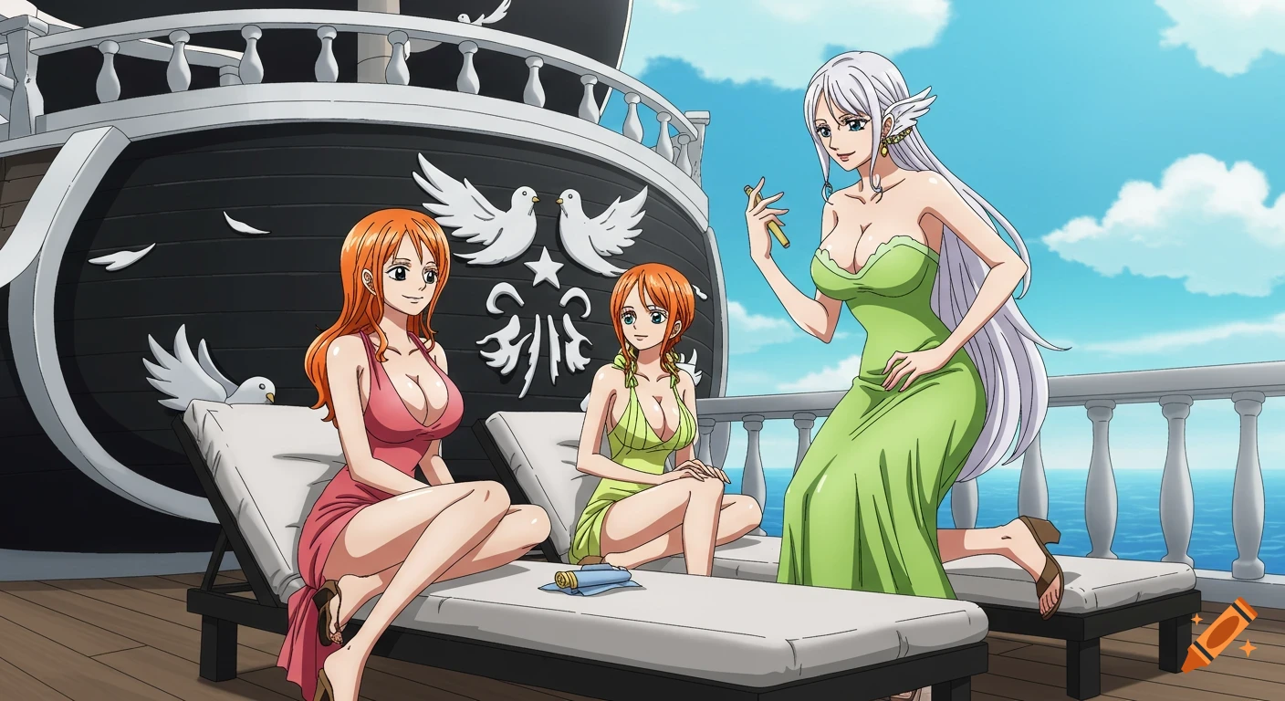 Anime style illustration of three women in low-cut dresses lounging on chairs on a ship deck.