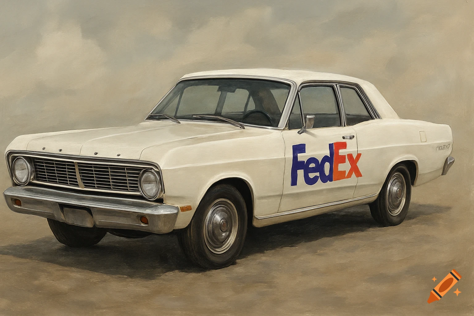 A vintage white Ford Falcon Futura car with the FedEx logo in a painterly style
