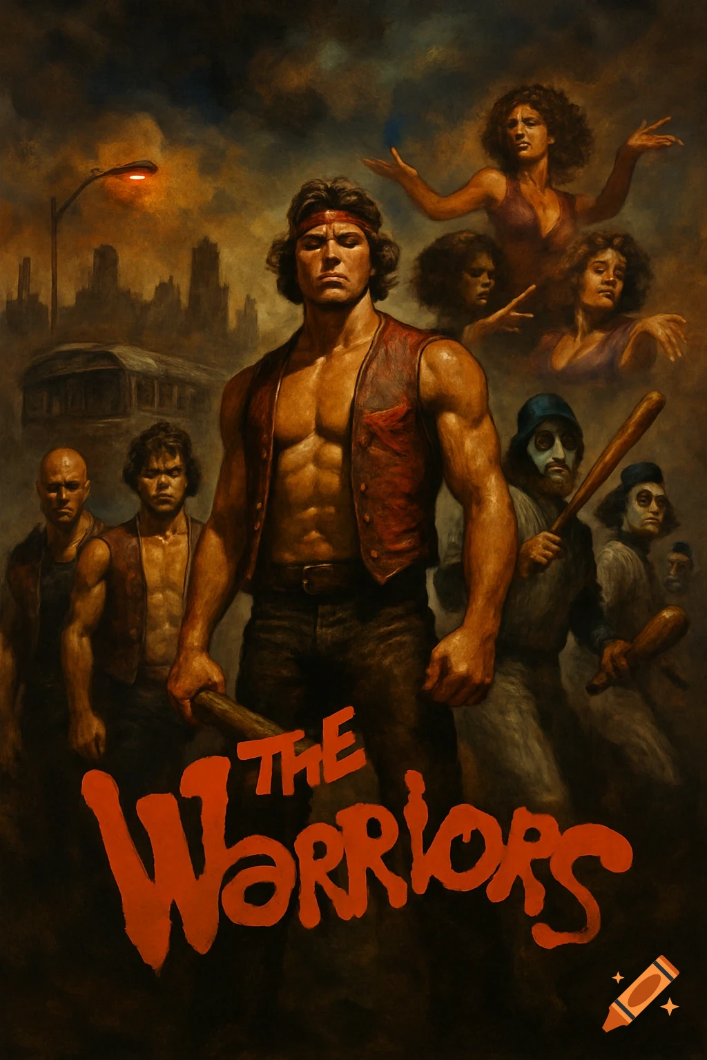 Stylized movie poster for The Warriors featuring characters in a gritty city, in the style of Frank Frazetta.