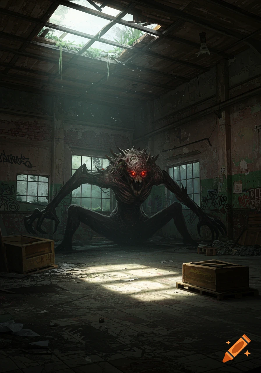 A spiky, dark monster with glowing red eyes crouches in a ruined warehouse lit by light from a broken roof.