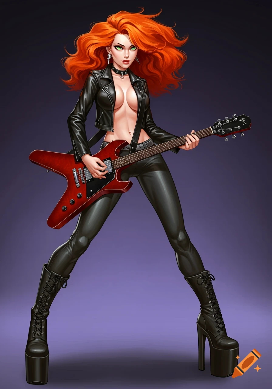 Illustration of a busty woman with red hair in a leather jacket playing a red guitar and wearing platform boots.