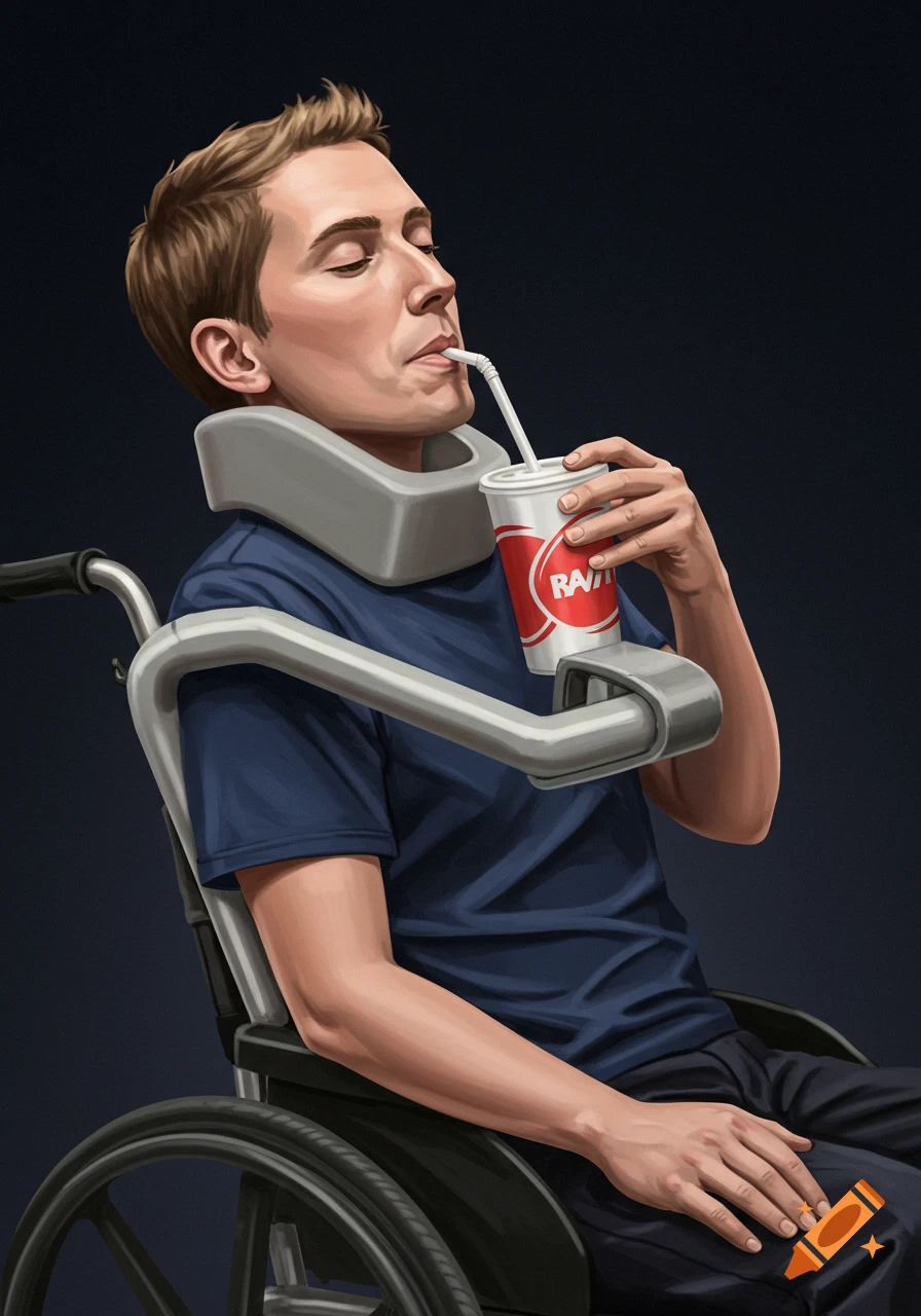 Illustration of a man in a wheelchair with a neck brace drinking from a cup with a straw using an adaptive aid.