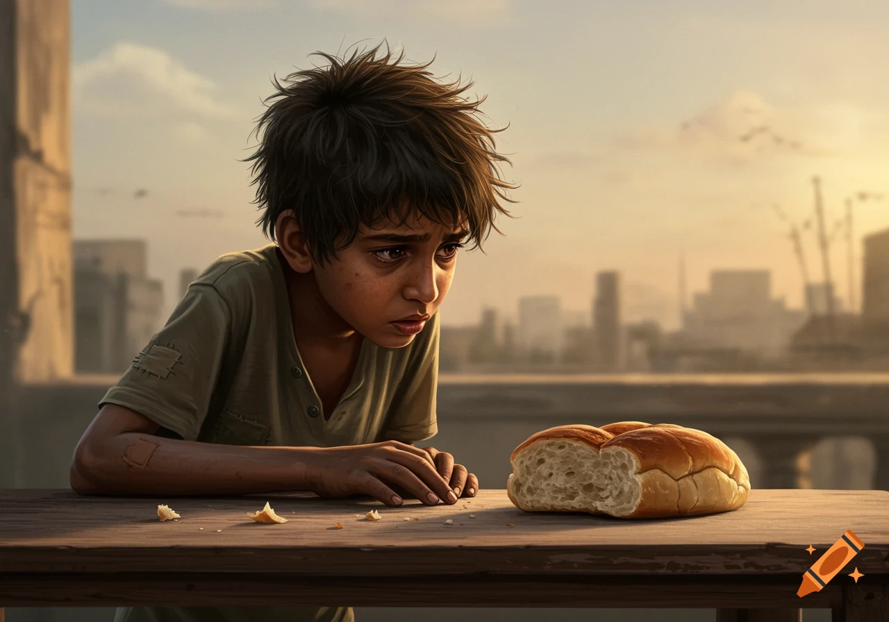 A sad boy sits at a table looking at a loaf of bread with a city in the background.