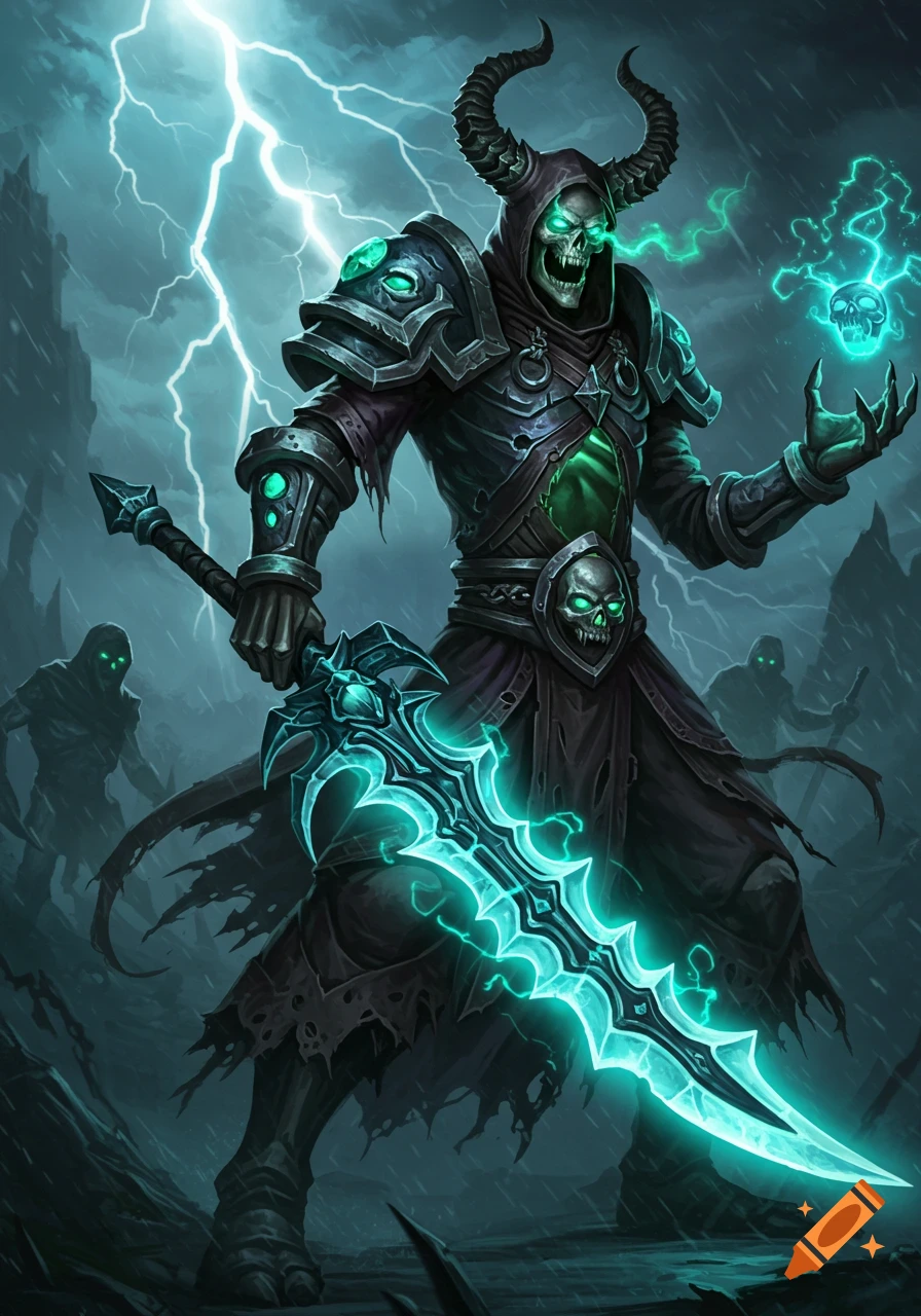 An undead warlock stands in a storm with lightning, holding a glowing sword and conjuring a skull.