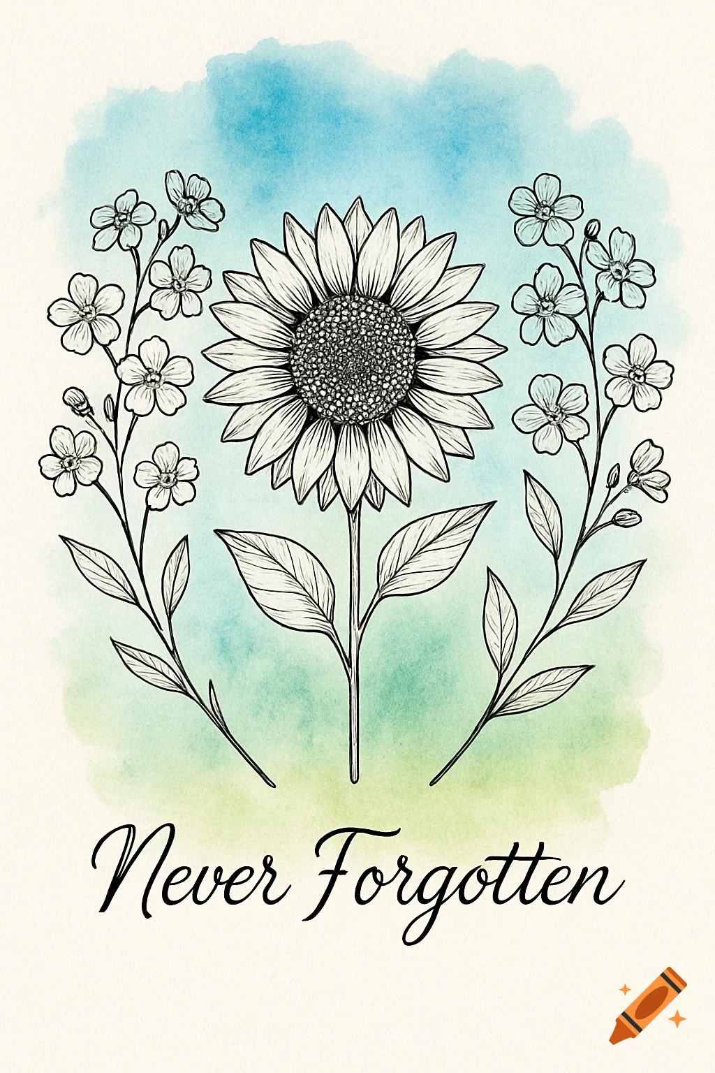 A watercolor background with line art sunflower and forget-me-nots, with the text "Never Forgotten" at the bottom.
