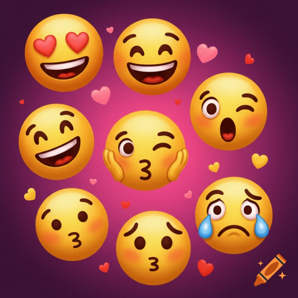 A collection of 3D emojis with different expressions, surrounded by hearts.