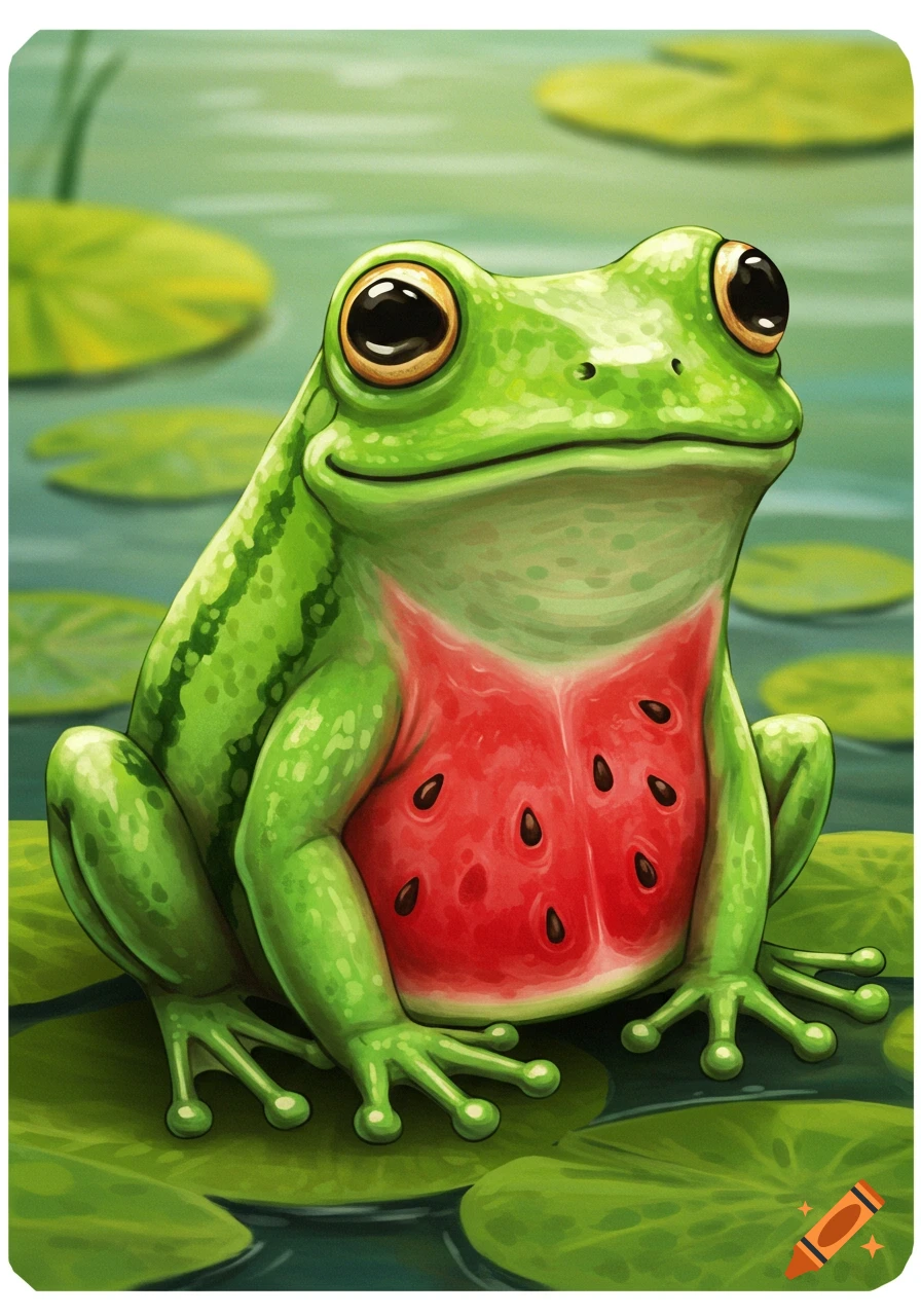 Cartoon illustration of a green frog on lily pads with a watermelon pattern on its chest.
