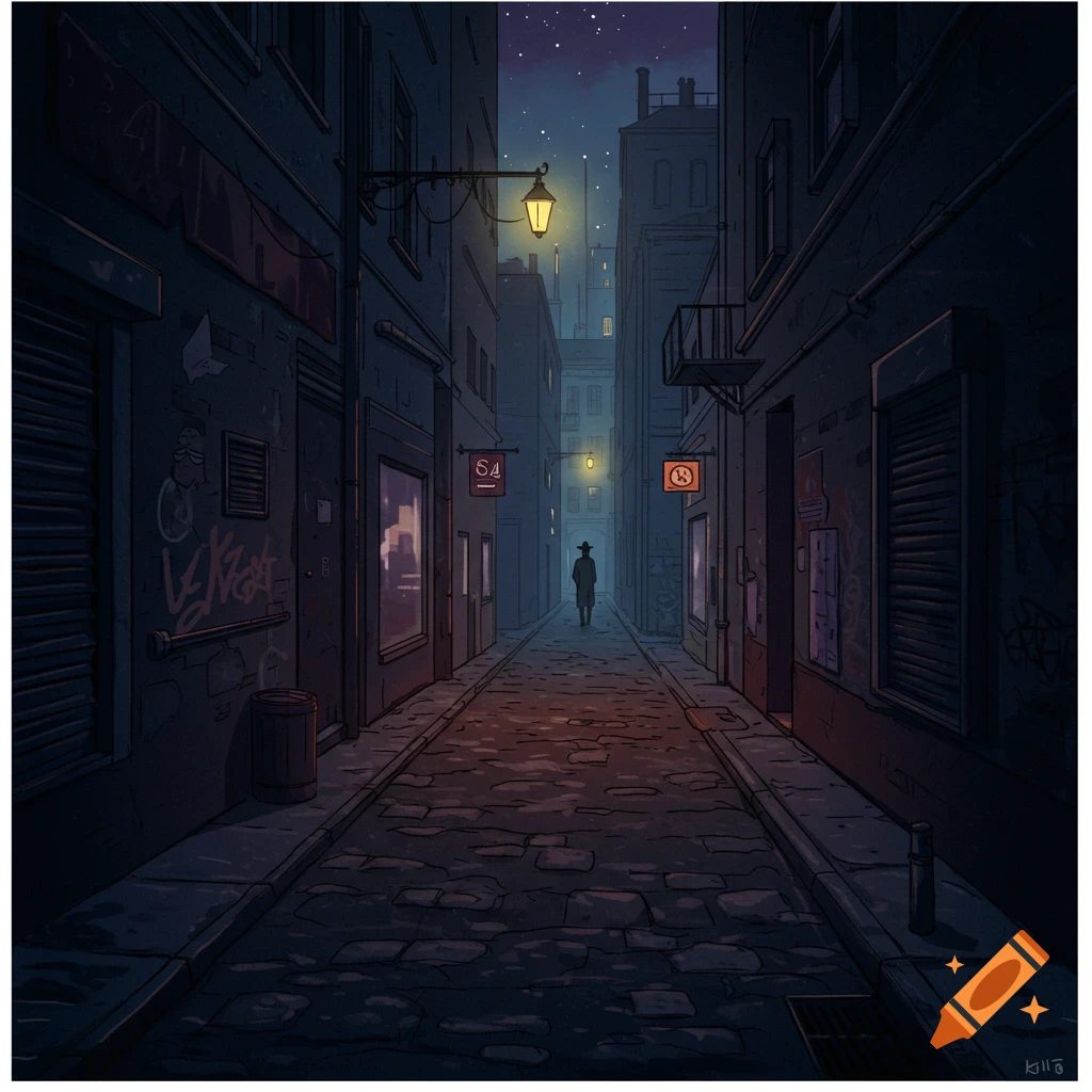 An illustrative image of a person walking down a dark, narrow alley at night.