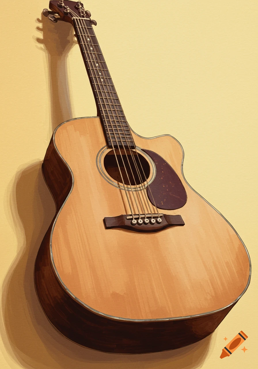 Acoustic guitar leaning against a yellow wall, simple art style.