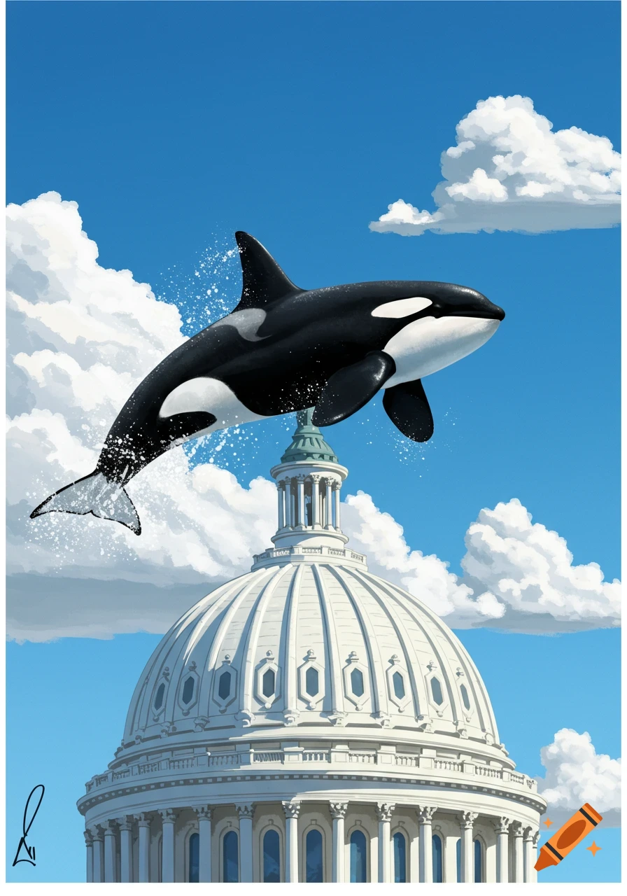 An orca jumps above a capitol dome against a blue sky.