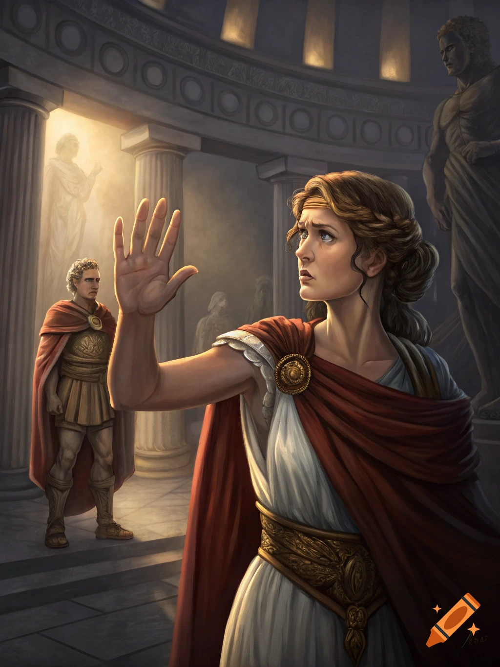 A woman in ancient Roman attire holds up her hand towards a man in a classical building.