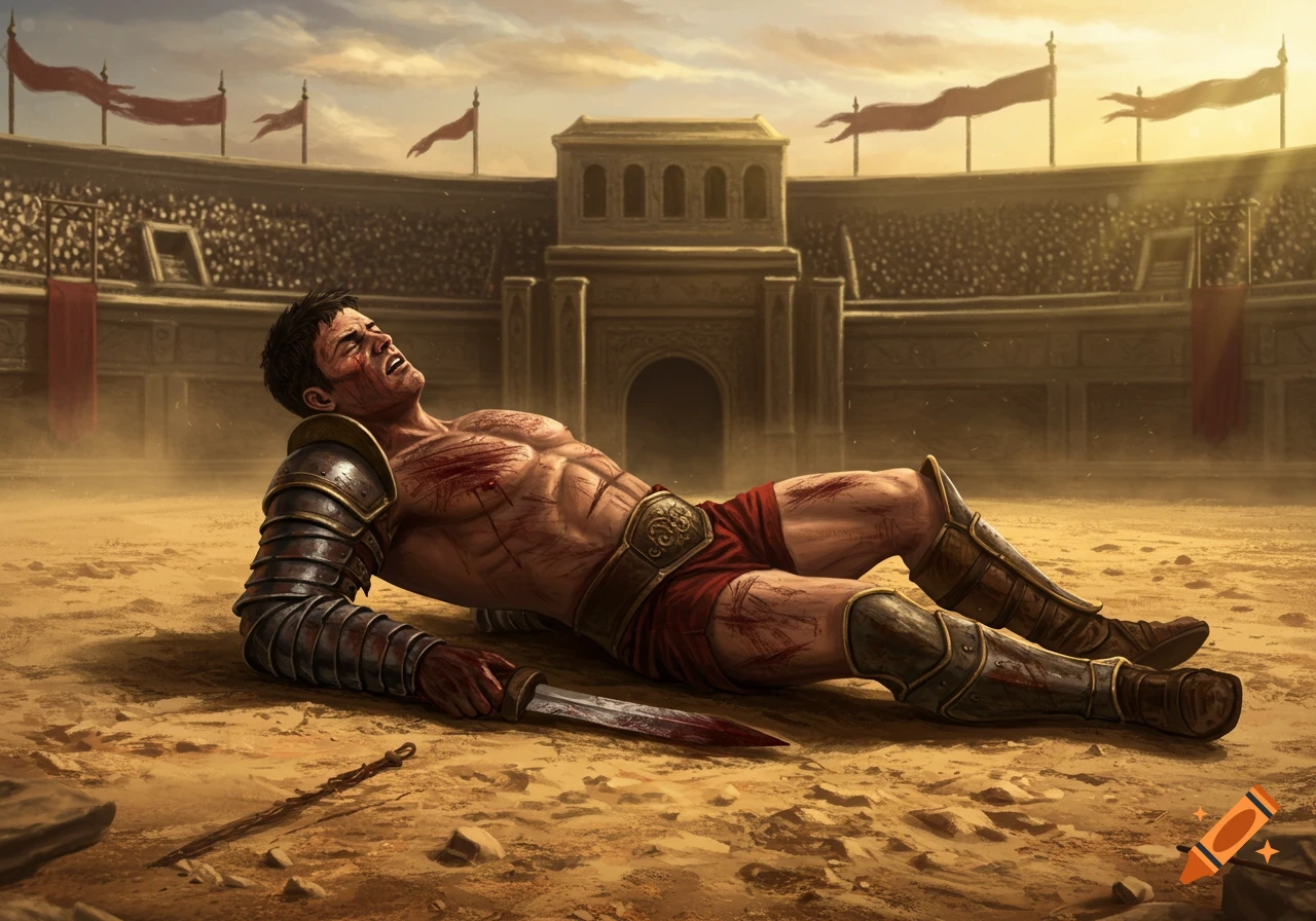 A wounded gladiator lies on the ground in a dusty arena.