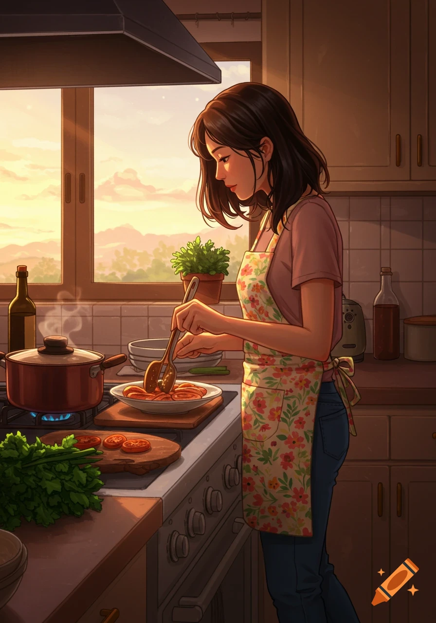 An anime-style illustration of a woman cooking in a kitchen bathed in the warm light of sunset.