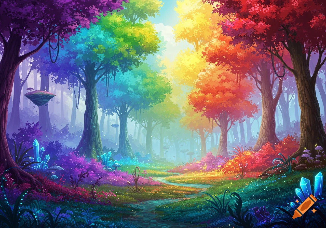 A vibrant rainbow-colored fantasy forest scene with glowing crystals and a floating island.