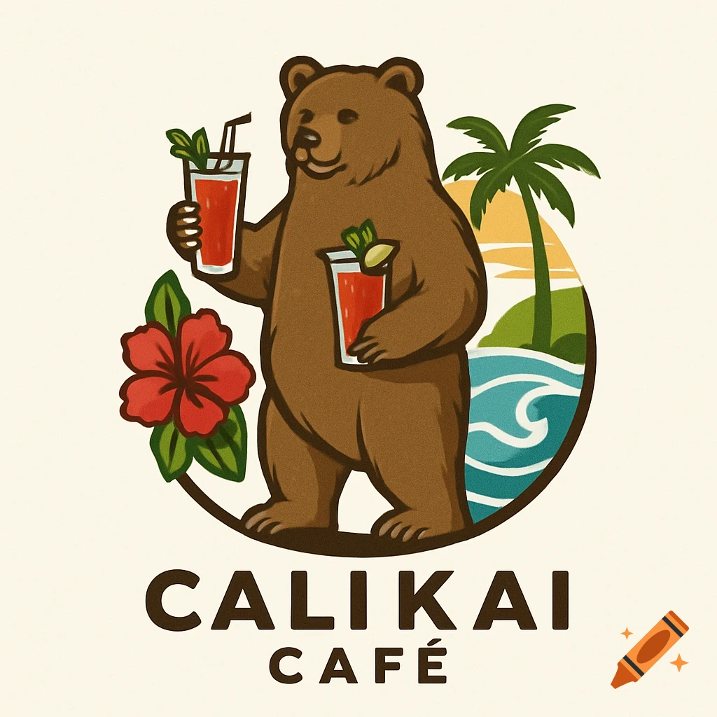 Logo: A cartoon bear holds red drinks next to a hibiscus flower, with a tropical scene (palm tree, ocean) behind it. Text below reads 'CALIKAI CAF G '