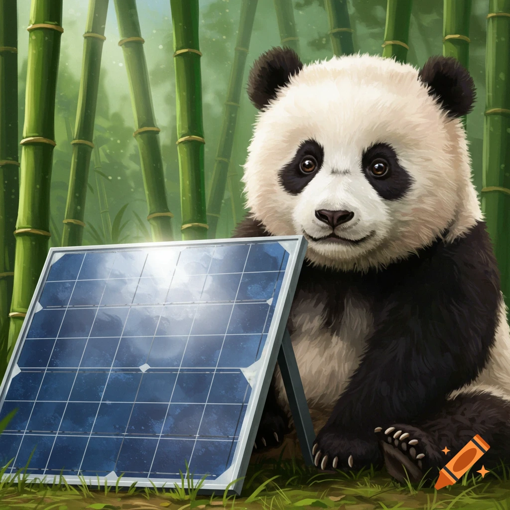A panda sits next to a solar panel in a bamboo forest. on Craiyon
