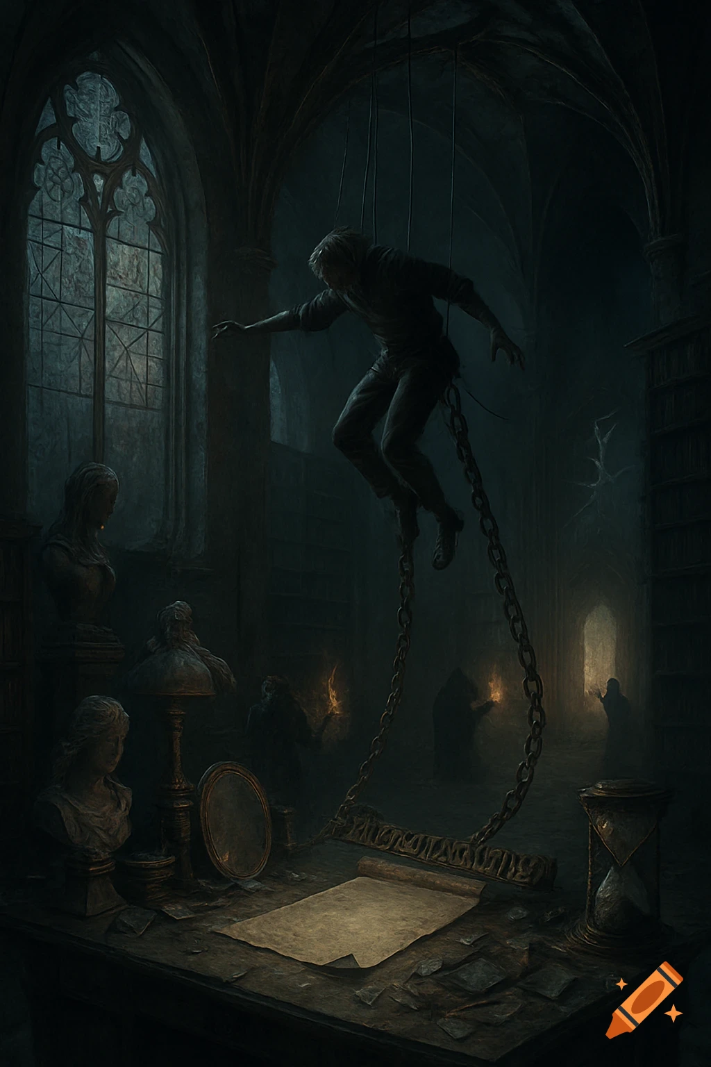 A figure floats chained in a dark gothic library, reaching for parchment.