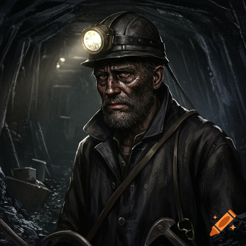 Close-up portrait of a gritty coal miner in a dark mine tunnel