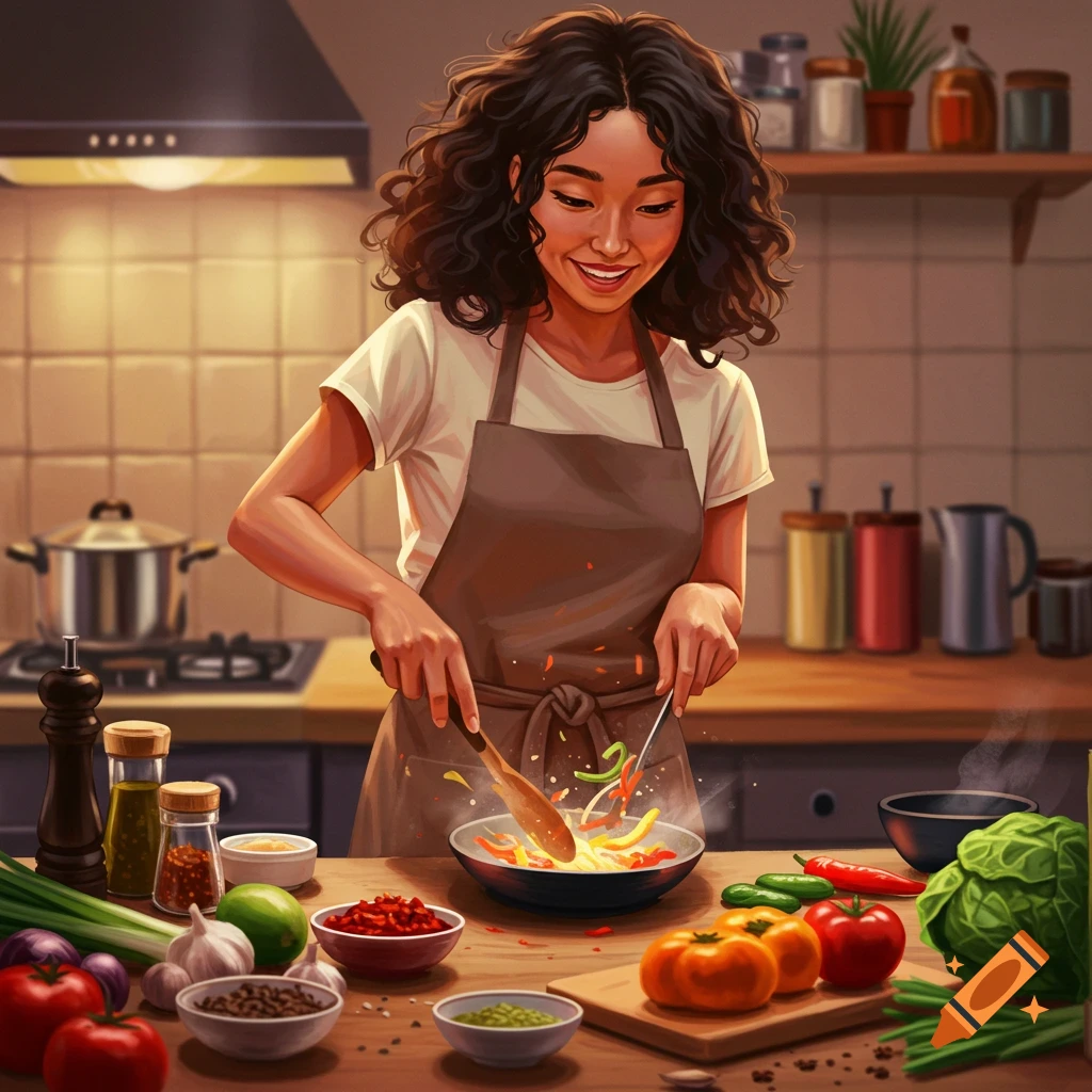 An illustration of a woman smiling while cooking vegetables in a pan in a kitchen.