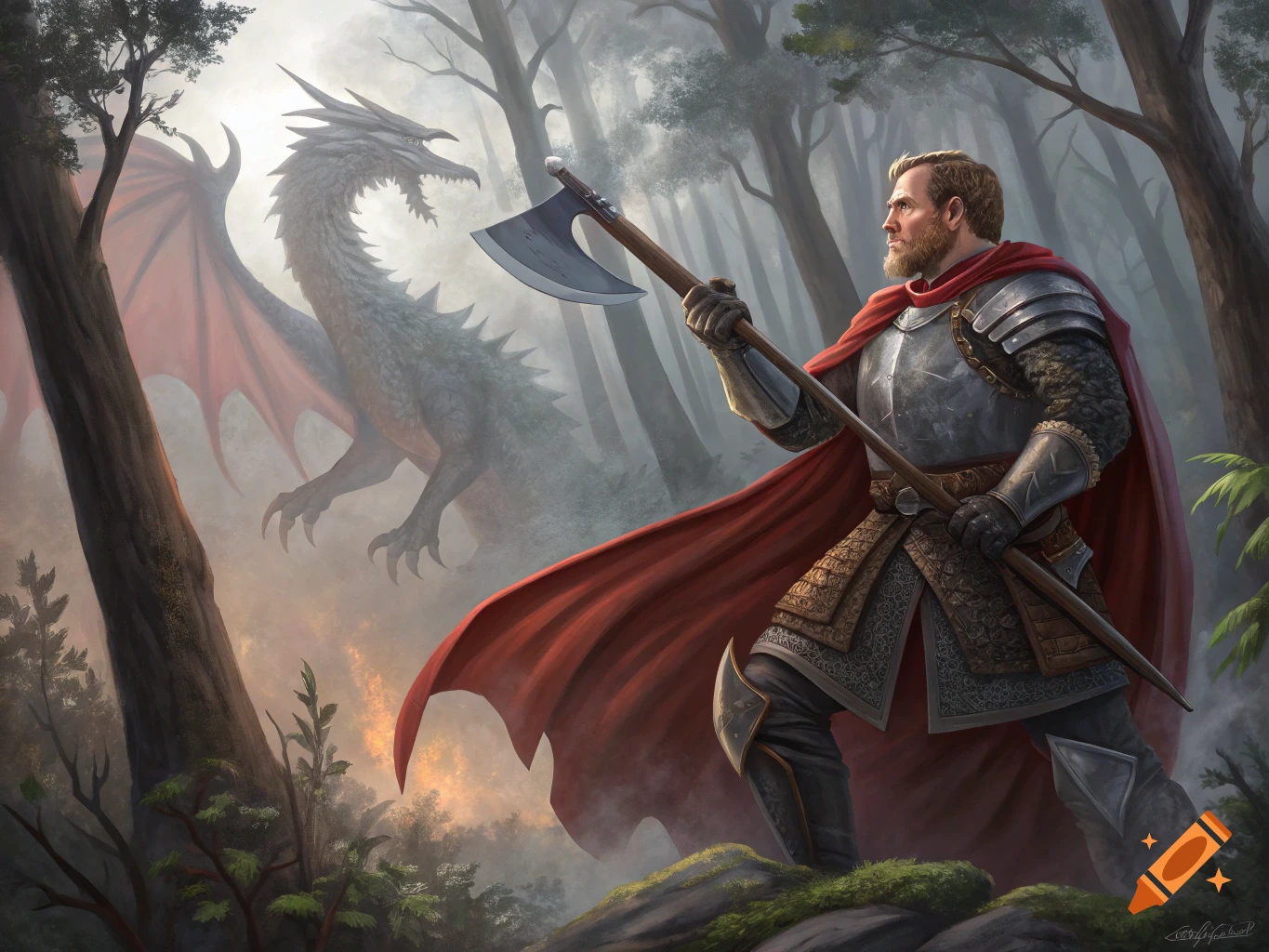 A knight wielding an axe faces off against a dragon in a misty forest.
