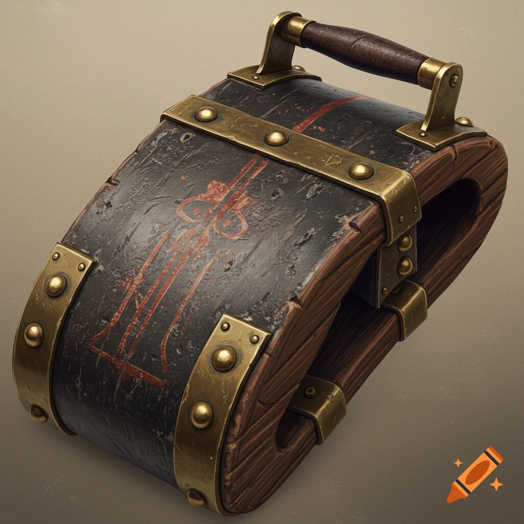 A textured close-up of an antique wooden and metal buckler with brass fittings and red symbols.