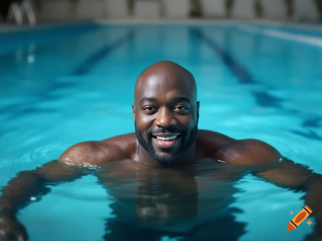 A bald Black man smiling while in a swimming pool.