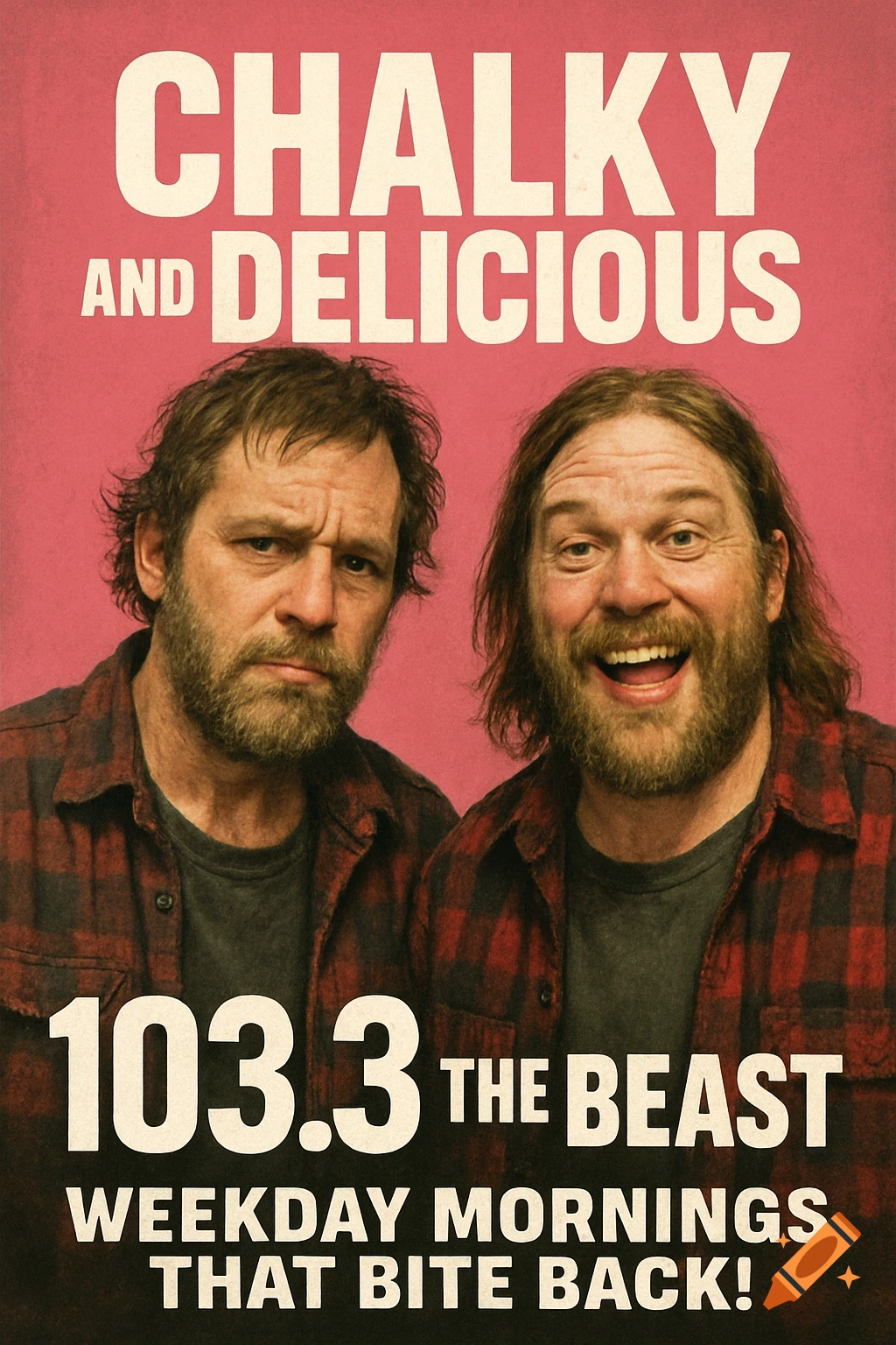 Promotional poster for a radio show, showing two men in flannel shirts against a pink background with show title and details.