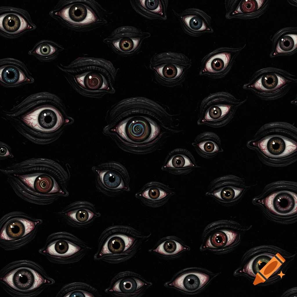 Close-up pattern of various eyes with dark eyelids and bloodshot details against a black background.