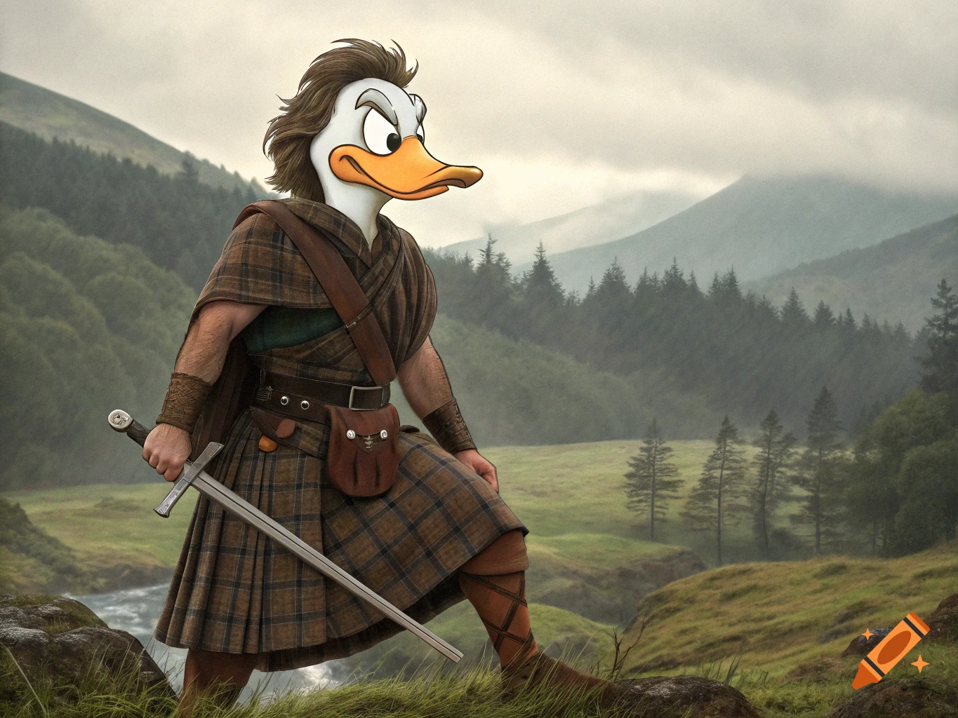 A cartoon duck dressed as a Scottish Highland warrior holds a sword in a mountain landscape.