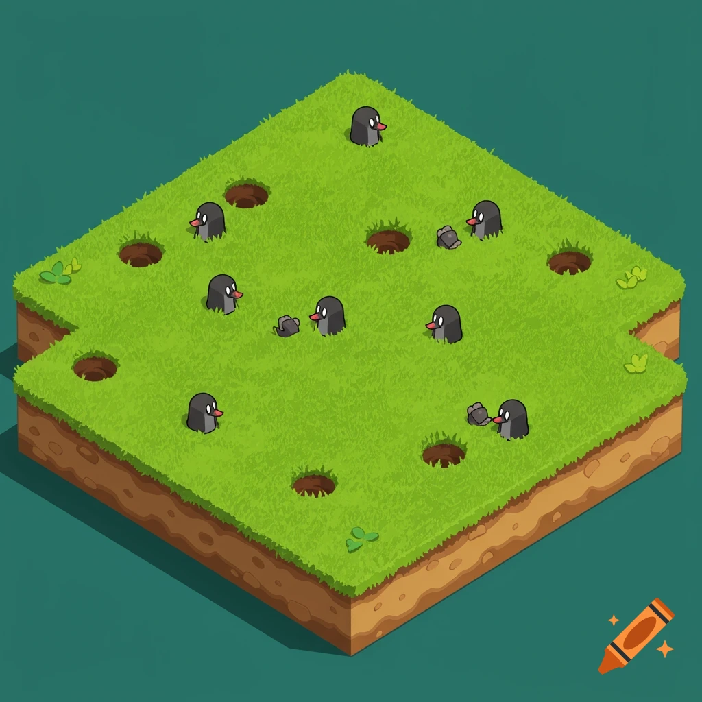 Cartoon isometric illustration of a grassy field with moles popping out of holes for a whack-a-mole game.