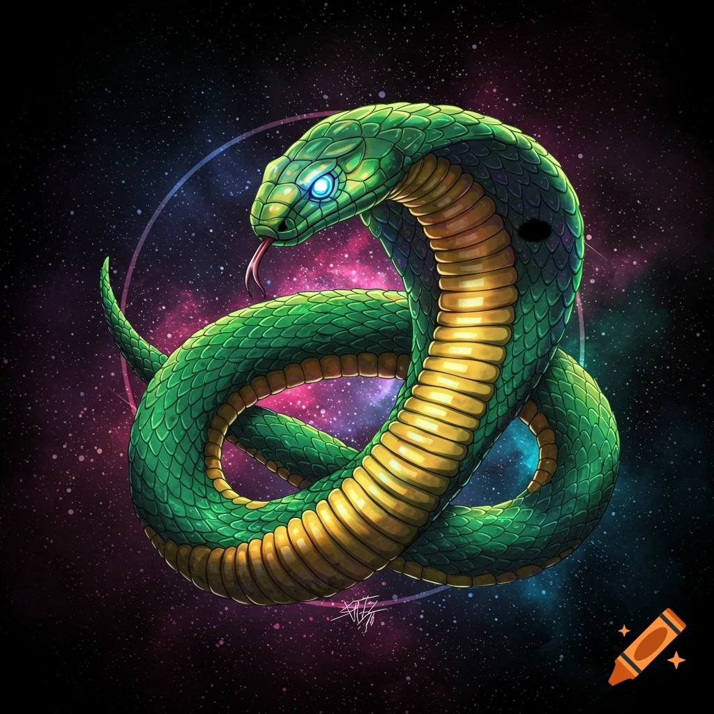 A stylized green and yellow cobra is coiled against a starry background.