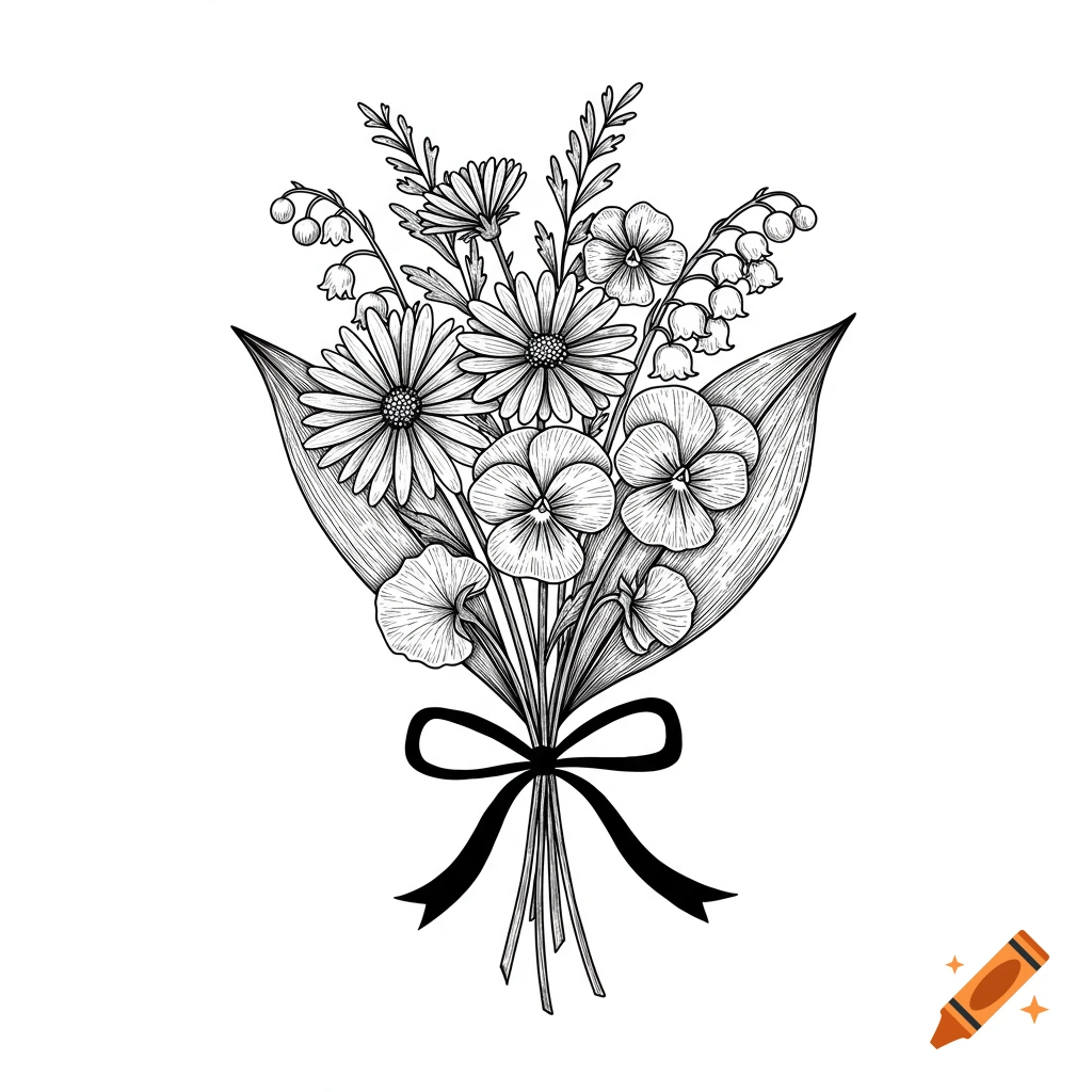 A black and white line drawing of a bouquet of flowers tied with a ribbon.