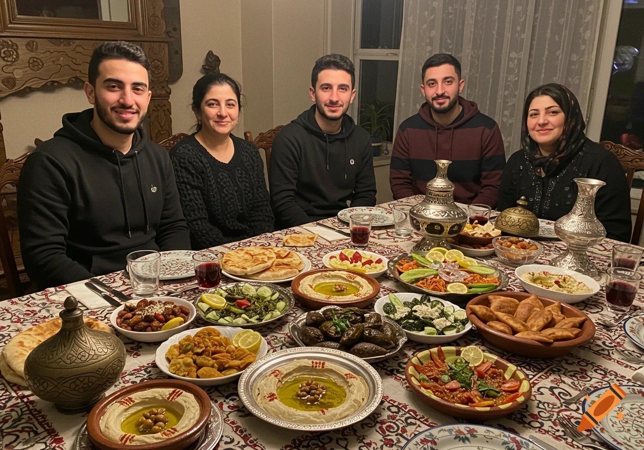 A Syrian family sits around a table heavily laden with a traditional meal, smiling at the camera.