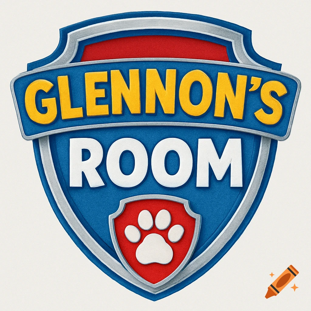 A stylized blue shield badge with silver trim, featuring yellow text 'GLENNON'S' and white text 'ROOM', with a smaller red shield and white paw print.