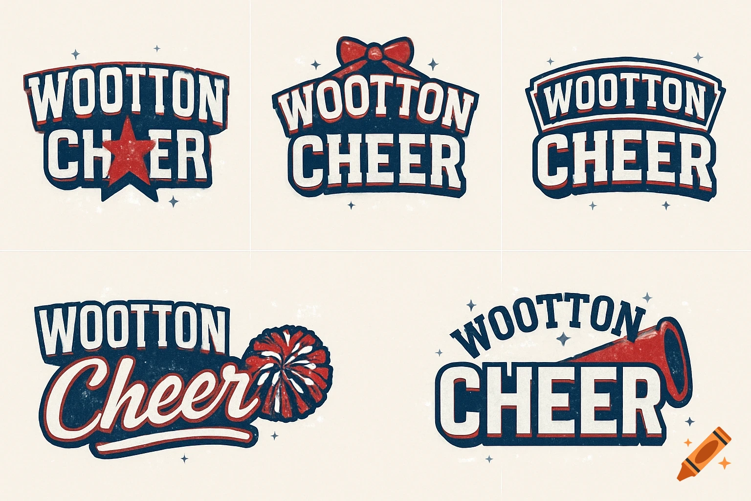 Five different cheerleading logo designs with 'Wootton Cheer' text in red, white, and blue distressed style.