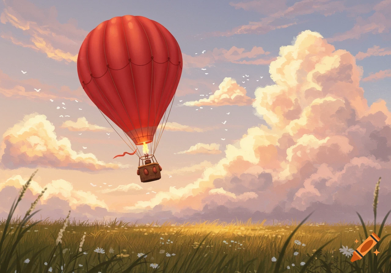 A red hot air balloon flies over a grassy field at sunset with large clouds in the sky.