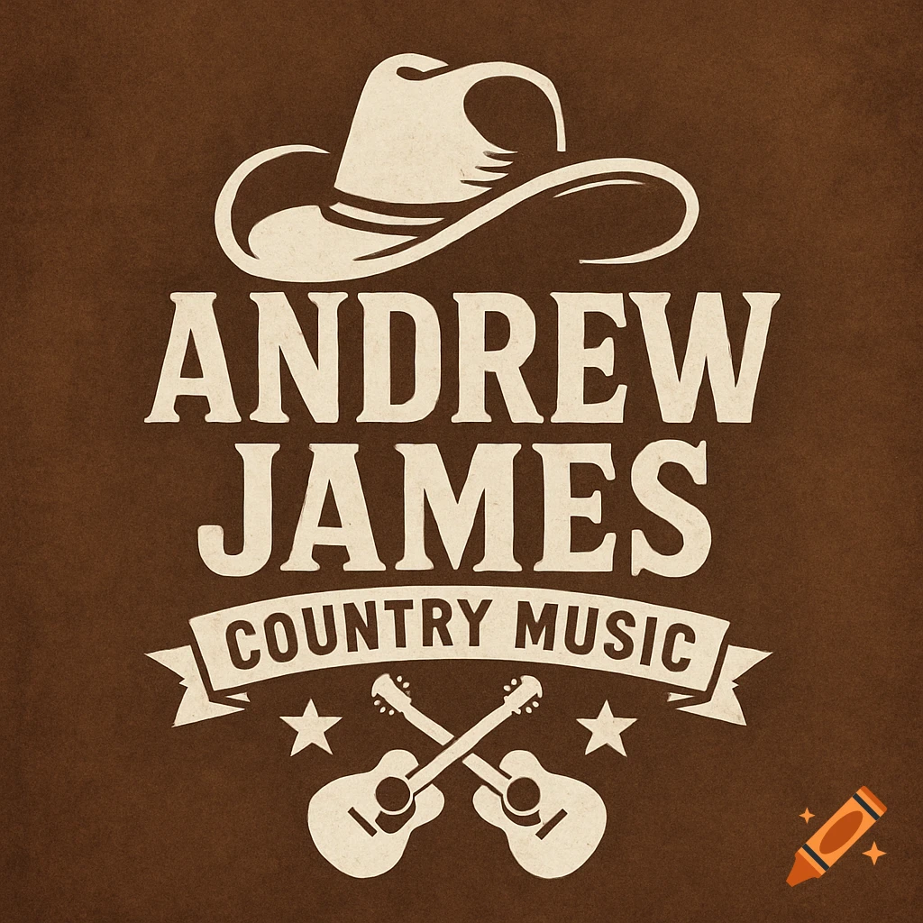 Country music logo with a cowboy hat, 'Andrew James' text, and crossed guitars on a brown background.