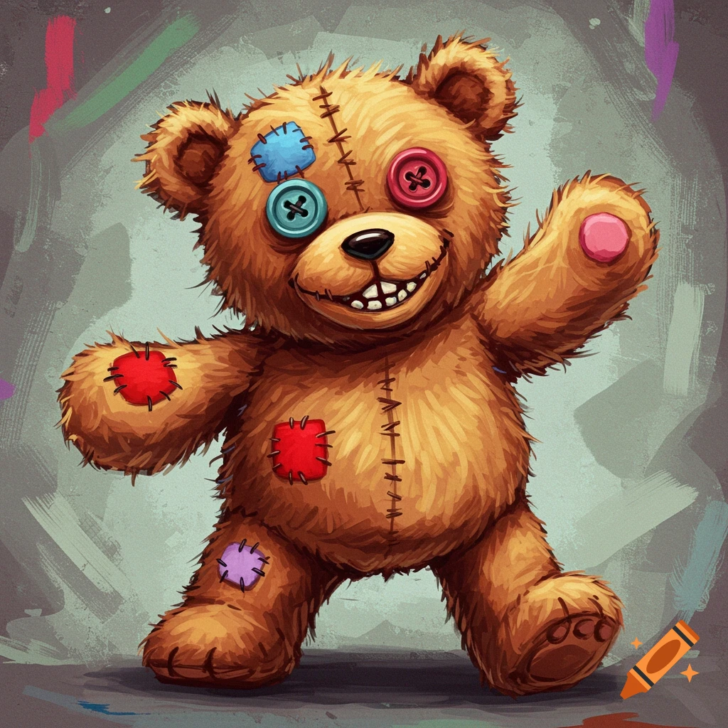 A patched teddy bear with button eyes and a sharp-toothed grin waves. Digital illustration.