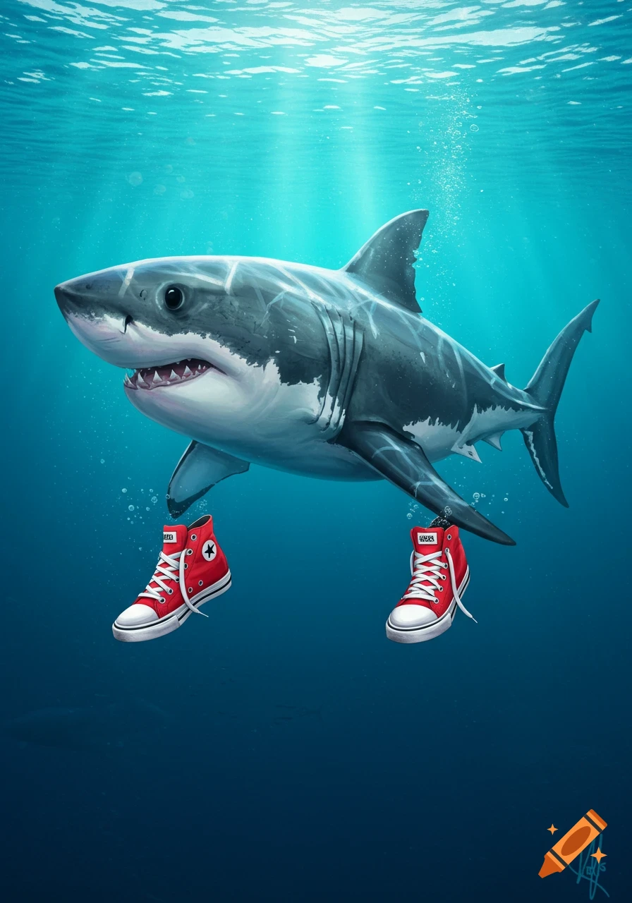 Digital illustration of a great white shark underwater wearing red high-top sneakers on its pectoral fins.