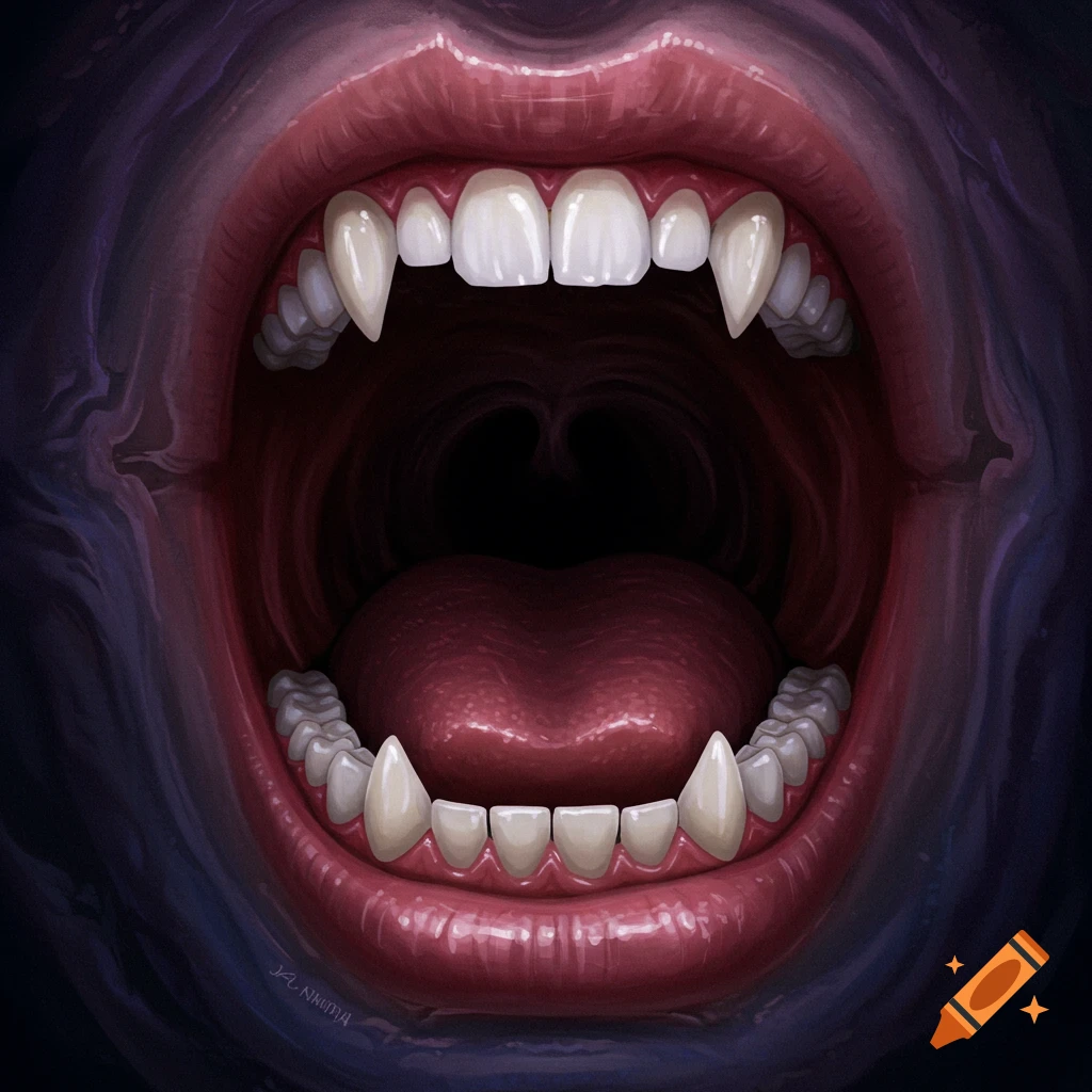 Close-up illustration of an open monstrous mouth with sharp fangs and red lips.