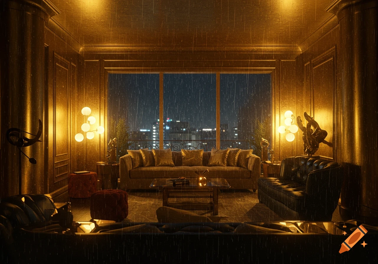 Luxurious room with golden walls, sofa, and chairs, looking out a large window at a rainy city night.