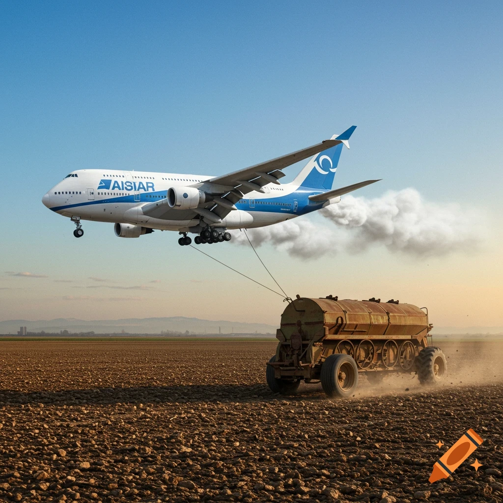 A jet airplane pulls a manure spreader across a plowed field.