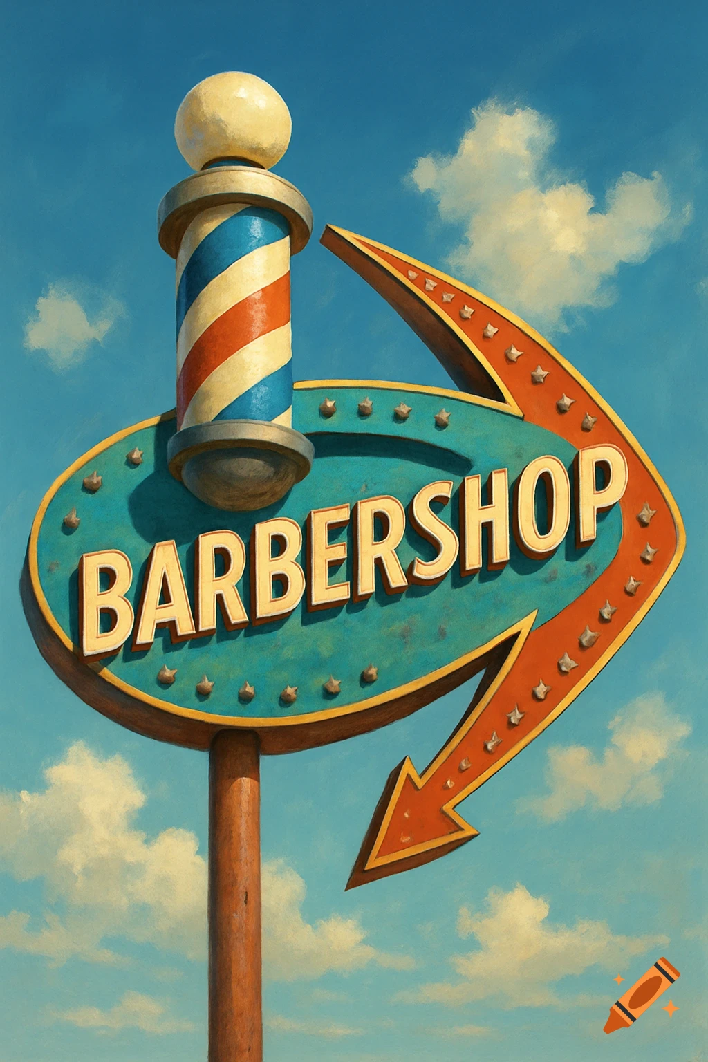 Retro barbershop sign with pole and arrow against a blue sky