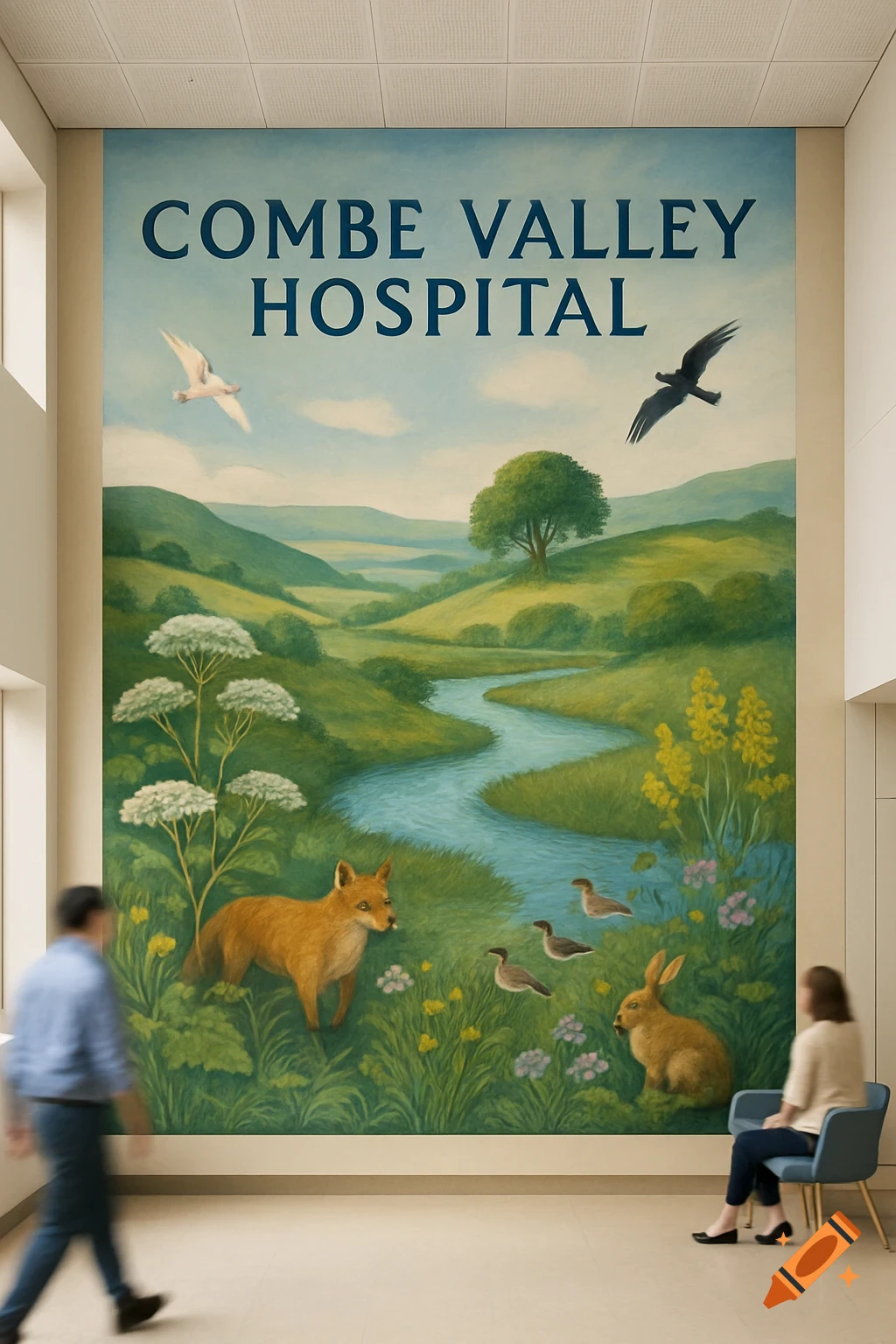 Mural painting of a green valley with river, fox, rabbit, ducks, and birds. Text 'COMBE VALLEY HOSPITAL' at top.